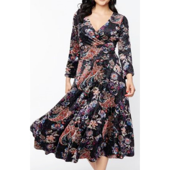 UNIQUE VINTAGE 5X 26 Plus black floral stretch velvet winter midi dress NWT b166 - Picture 1 of 7